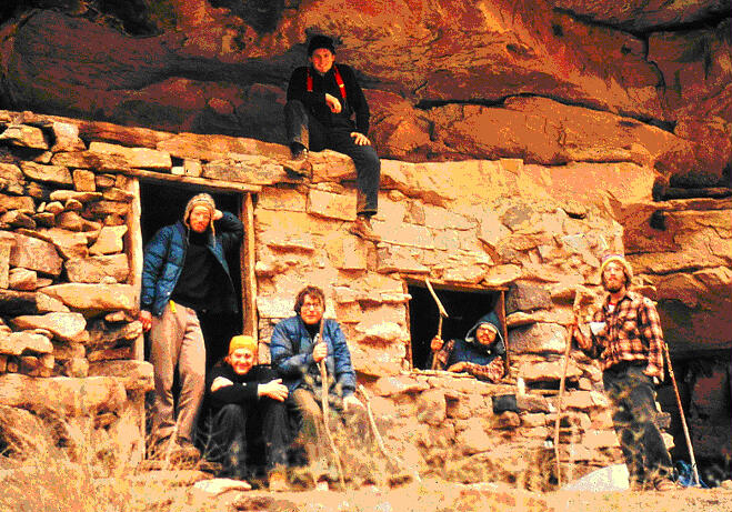 Beamer cabin – Ron, Rex, John, Charlie, Frank, and Gary (l-r) (Ron West photo)
