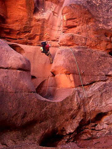 Louise rappels into Three Canyon.